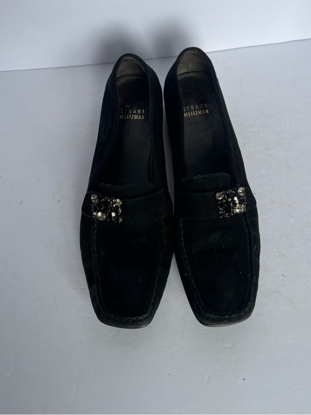 Stuart Weitzman Black Suede Loafers with Crystal‎ Buckle